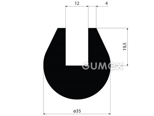 Pryžový profil kruhový, průměr 35mm, drážka 12mm, 70°ShA, EPDM, -40°C/+100°C, černý